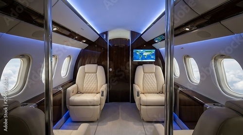 Spacious luxury airplane cabin interior with leather seats and ambient lighting in modern style