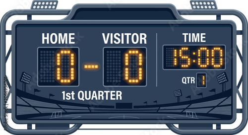 Digital stadium scoreboard showing zero score in the first quarter with scoreboard football competition tournament electronic countdown information broadcast background