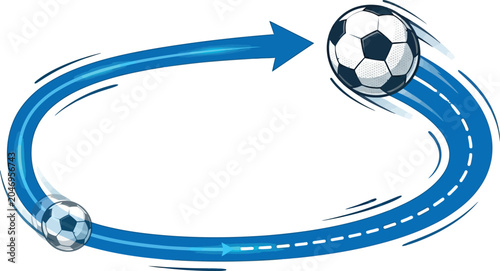 Soccer ball moving along a circular blue arrow trajectory path with football trajectory circular movement direction rotation illustration isolated background exercise