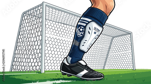 Close up view of a soccer player shin guard and shoe on pitch with soccer ball football protection equipment training exercise competition defensive goalkeeper footwear