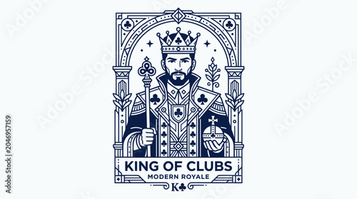 Tableau sur toile King of Clubs Playing Card Illustration - Royal Emblem with Crown and Scepter