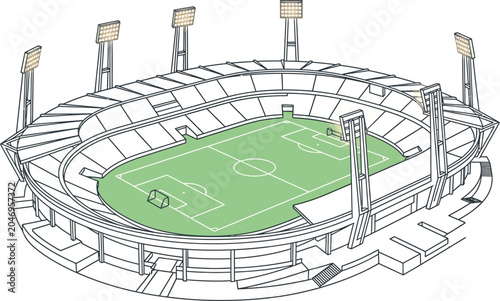 Isometric view of a soccer stadium arena featuring a green playing field and floodlight towers in clean line art vector illustration style football architecture isometric