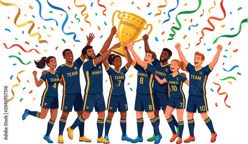 Soccer team celebrating victory with a championship trophy and confetti football champions celebration athletes tournament competition confetti cheering athletic