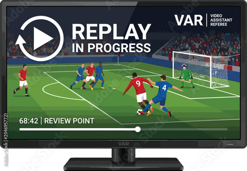 Assistant referee var digital television screen showing a football match replay in progress with football television assistant technology broadcast competition officiating