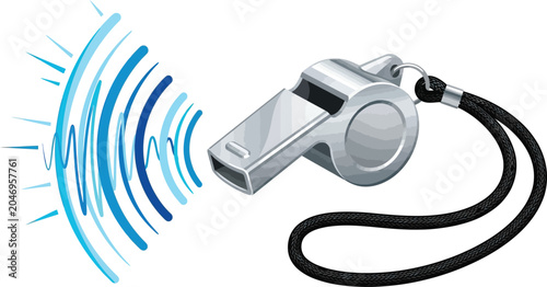 Metal sports referee whistle emitting sound waves vector illustration with competition exercise training equipment accessory vibration frequency illustration isolated