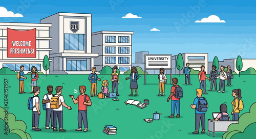 Diverse Students on University Campus Illustration