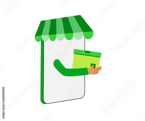Online Shopping Delivery, A stylized illustration depicts a hand emerging from a smartphone screen, representing a digital storefront, and holding out a package for delivery.