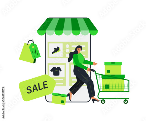 Online Shopping Illustration A woman with a shopping cart full of green boxes navigates an online store interface on a large smartphone, signifying convenience and modern commerce.
