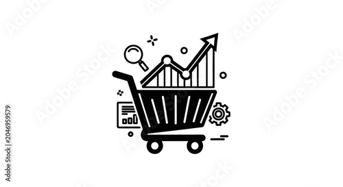 Bild auf Leinwand Shopping cart with growth chart and magnifying glass, business analytics icon
