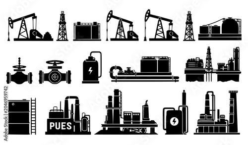 Foto Petroleum Industry Silhouette Icon Set with Oil Pumpjacks Drilling Derricks Refi