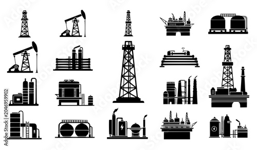 Schilderij op canvas Industrial Oil Rig and Petroleum Refinery Silhouette Icon Set with Drilling Derr
