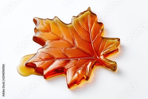 A glossy amber maple leaf-shaped candy or syrup spill on a white surface.