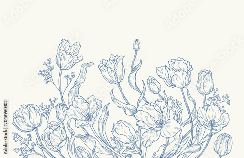 Photos Vintage Hand Drawn Tulip Flower Border, Elegant Botanical Line Art Floral Backgr