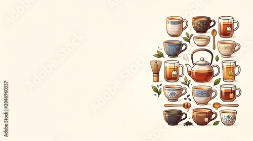 Selection of tea mugs and brewing accessories on beige background