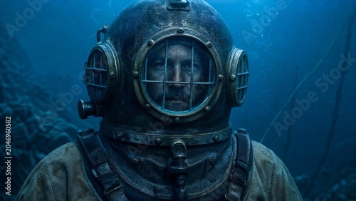 Deep Sea Diver in Vintage Antique Brass Helmet Underwater Portrait