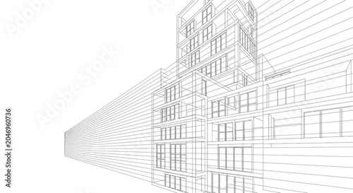 Monochromatic architectural sketch of a modern building structure with linear perspective