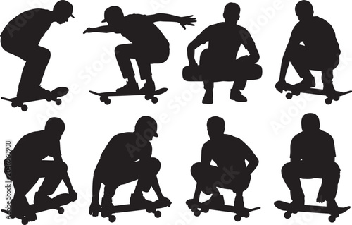 Silhouette set of skateboarder performing tricks on gray grid background.