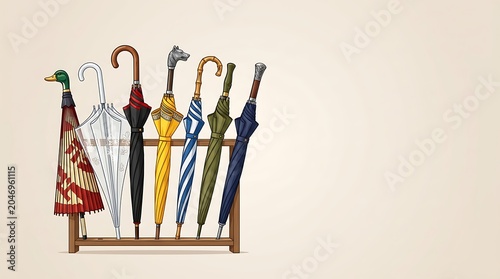 Variety of classic and ornate umbrellas organized in a wooden rack