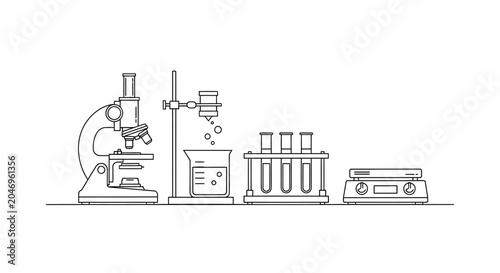 Laboratory Equipment Collection Featuring Microscope Beakers Test Tubes and Hot Plate Line Art