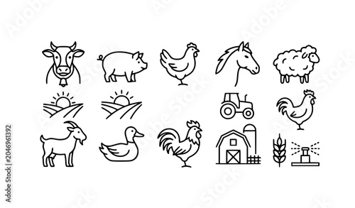 Agriculture livestock outline icon collection black vector design