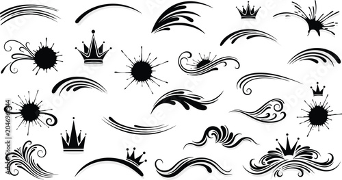 Black decorative vector set with crowns, swirls, splashes, and curves, clipart for design, ornament, tattoo, heraldry, and graphic elements
