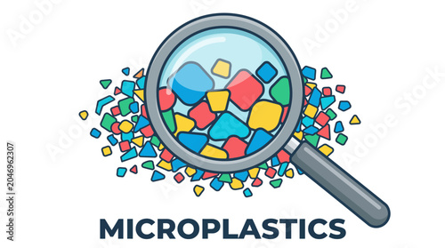 Colorful microplastic particles under magnifying glass