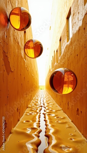 Abstract spheres in a golden corridor with light.