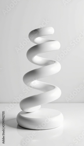 Abstract white spiral sculpture on plain background.