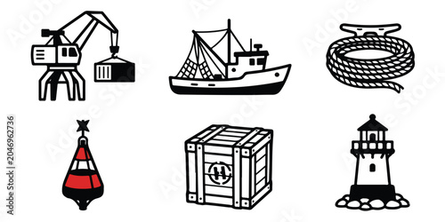 A set of nautical icons including a crane, boat, rope, buoy, crate, and lighthouse, perfect for maritime and shipping themes, depicted in a simple line art style against a clean white background.
