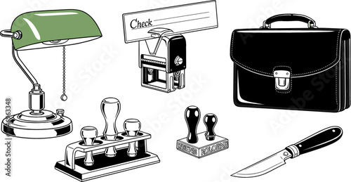 Tableau sur toile Vintage Legal Office and Notary Public Vector Icon Set with Bankers Lamp Leather