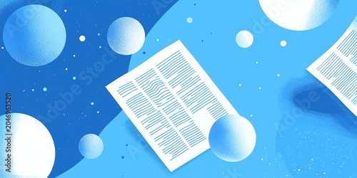 Abstract Digital Space Scene with Floating Documents and Spheres in Blue Tones