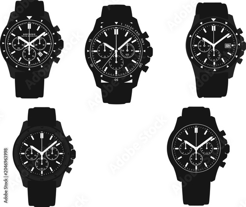 Tableau sur toile Black wristwatch silhouettes set, elegant chronograph timepiece designs, stylish