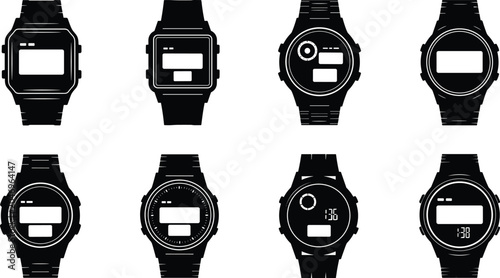 Photos Black wristwatch silhouettes set, various watch styles for fashion, luxury, and