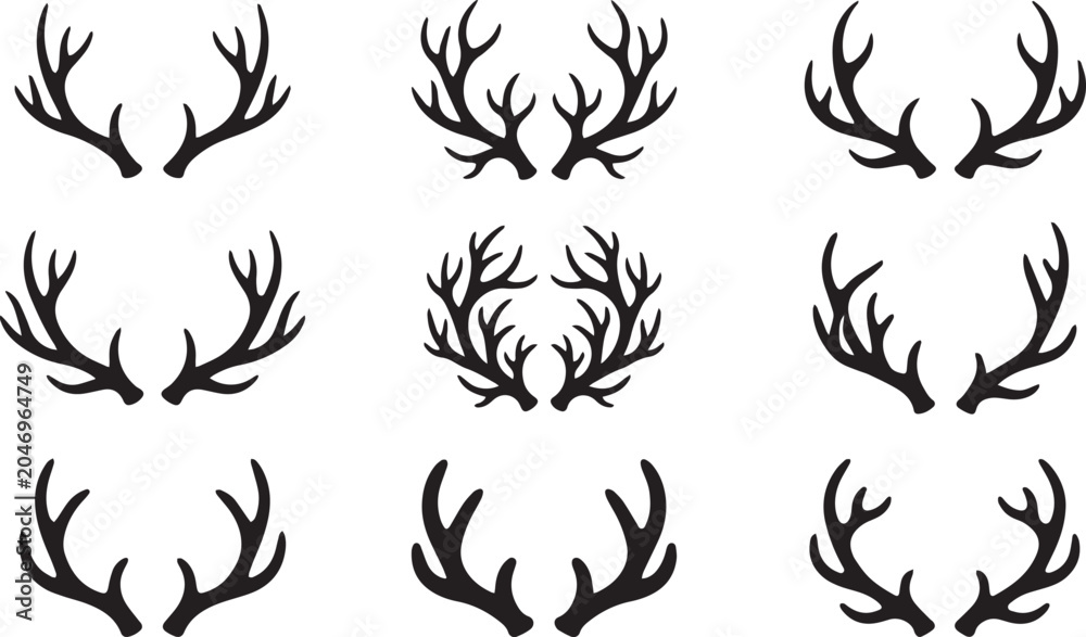 Obraz premium Black silhouette deer antlers horns collection bundle set isolated on white background for hunting logo design and rustic outdoor branding