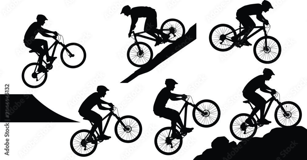 Naklejka premium BMX and mountain bike silhouettes, cyclists performing jumps, downhill, ramps, off-road biking, extreme sports, vector illustration