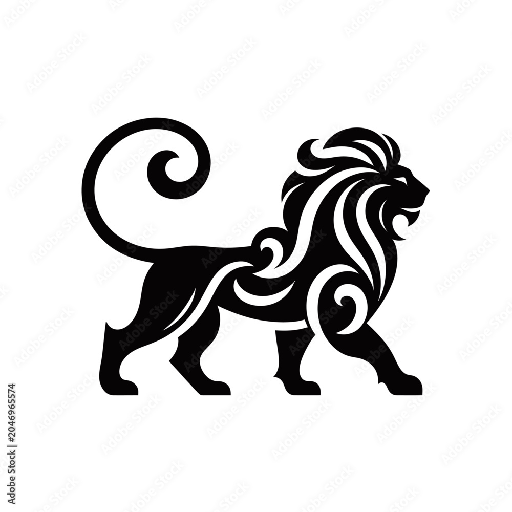 Fototapeta premium A stylized black silhouette of a majestic lion with ornate tribal patterns incorporated into its mane and body.