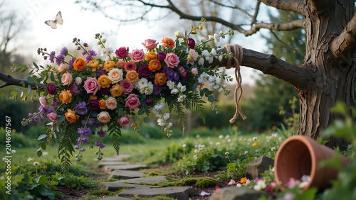 Vibrant floral arrangement on tree branch in serene garden with butterfly