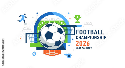 Dynamic vector illustration depicting a major international football championship in 2026, featuring a stylized soccer ball, player, stadium elements, and a victory trophy on a modern geometric 
