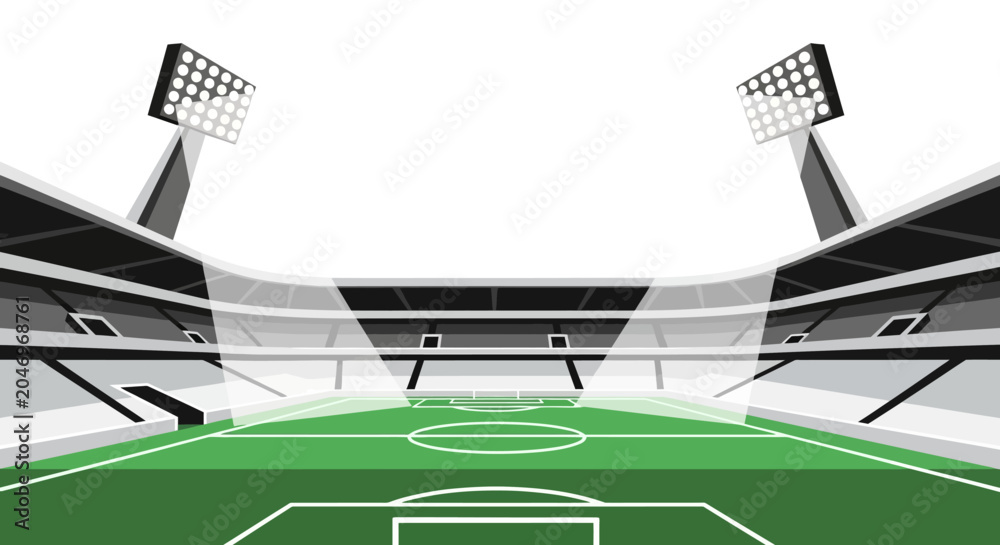 Obraz premium A vibrant illustration of a modern soccer stadium illuminated by bright spotlights, showcasing a lush green field ready for a thrilling match