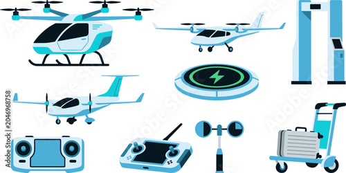 Advanced Air Mobility and Drone Technology Icon Set with Passenger Drone Electric Aircraft Charging Pad Remote Controller and Airport Security Gates Vector