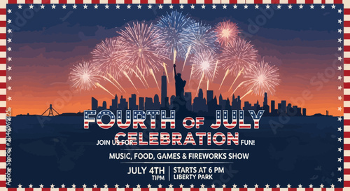 4th of July celebration poster with fireworks and city skyline