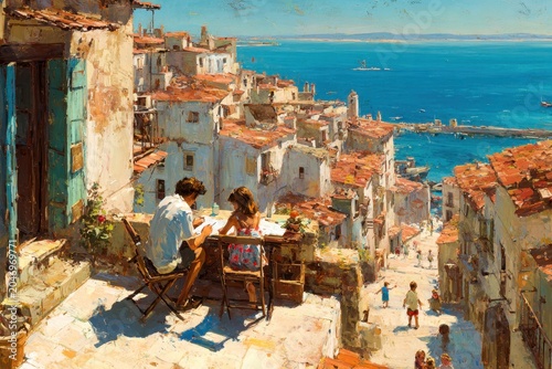 Sunlit Mediterranean Coastal Village Overlooking Blue Sea With People Dining on Scenic Terrace