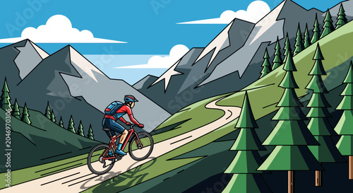 Vibrant illustration of a mountain biker conquering a challenging uphill trail through a breathtaking alpine landscape, surrounded by towering mountains and lush pine forests