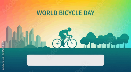 Dynamic illustration of a cyclist riding a bicycle against a backdrop of a city and nature, embodying active lifestyle and outdoor sports spirit