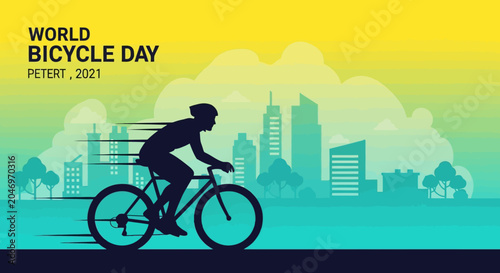 Celebrate World Bicycle Day with a dynamic illustration of a cyclist against a cityscape backdrop, promoting eco-friendly transport and active living