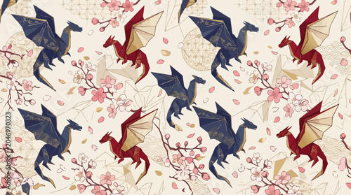 Seamless Pattern of Origami Dragons and Cherry Blossoms in Japanese Style, Red and Blue Paper Craft Mythical Creatures with Pink Sakura Flowers on Beige Background, AI Generated Illustration