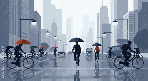 Urban cyclists braving a rainy city commute under umbrellas with skyscrapers in the background