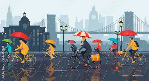 Urban cyclists brave a rainy day, navigating city streets with colorful umbrellas, a vibrant scene of perseverance and daily commute against a backdrop of iconic architecture