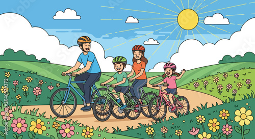 A cheerful family of four enjoys a vibrant bicycle ride through a blooming spring landscape under a bright sunny sky, promoting active outdoor fun and healthy living