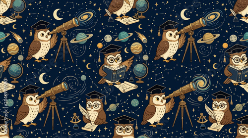 Seamless Pattern of Wise Scholarly Owls Wearing Graduation Caps and Glasses, Exploring Astronomy with Telescopes and Books in a Starry Night Sky Background, AI Generated Illustration